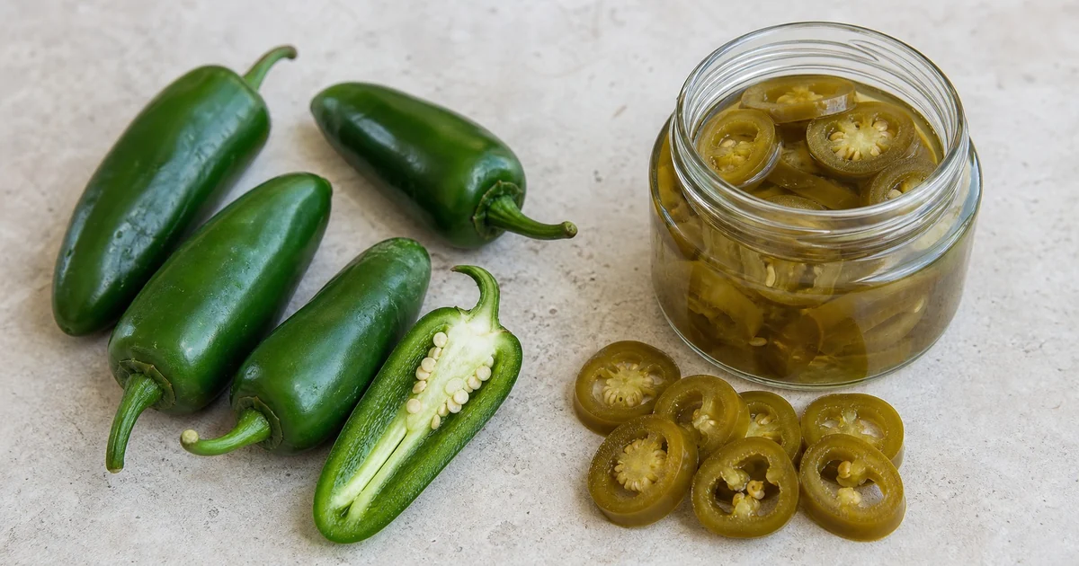 Fresh green jalapenos beside a jar of pickled jalapeno rings