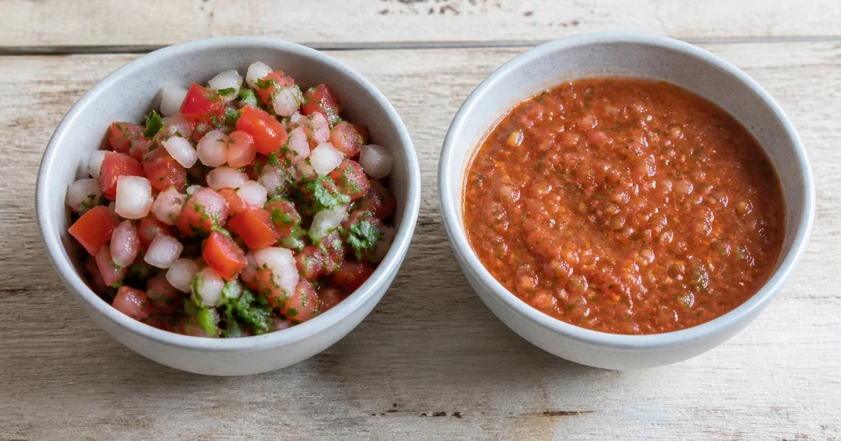 Bowls of chopped pico de gallo and spoonable red salsa side by side