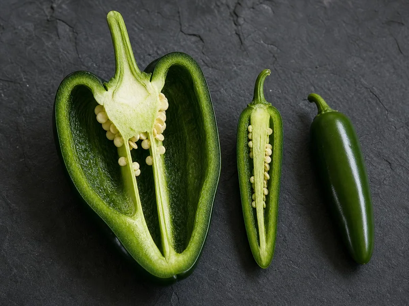 Cut poblano and serrano peppers showing different wall thickness and cavity size