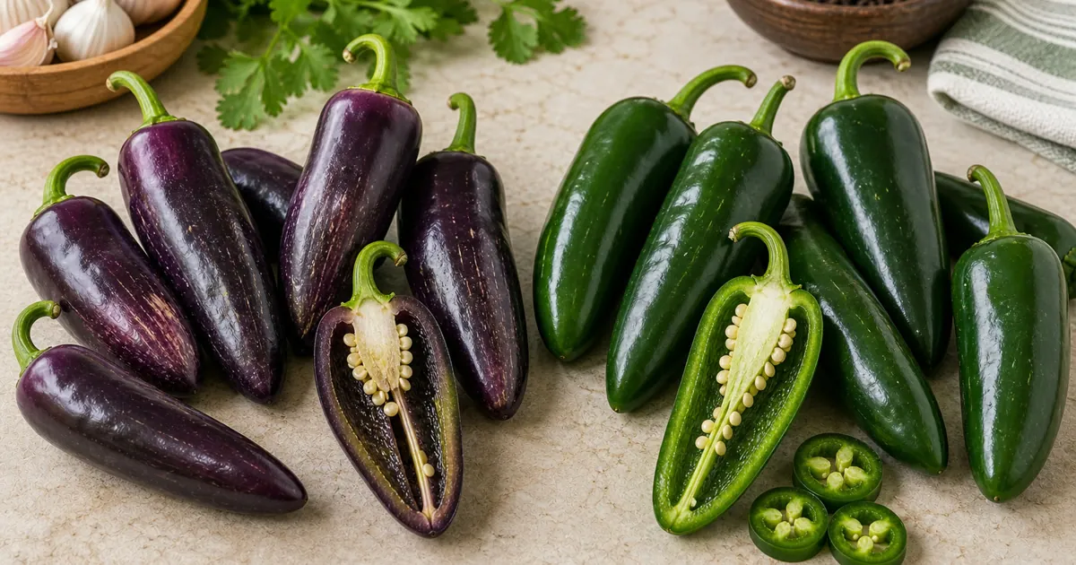 Purple Jalapeño and Jalapeño shown side by side for comparison