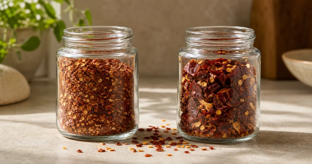 Two jars of dried red pepper flakes with fine and coarse textures