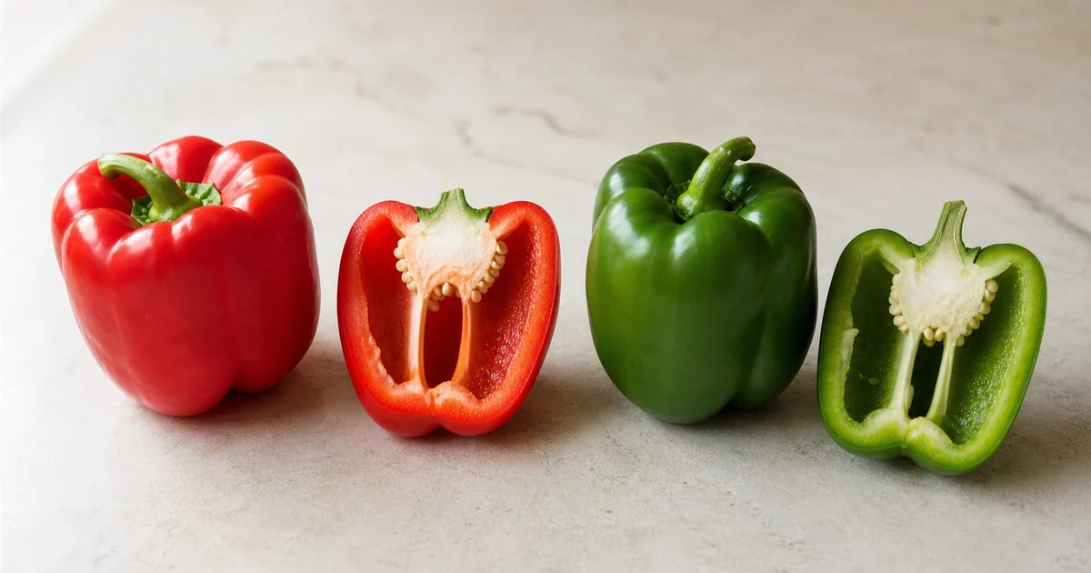 Whole and cut red and green bell peppers showing color and wall differences