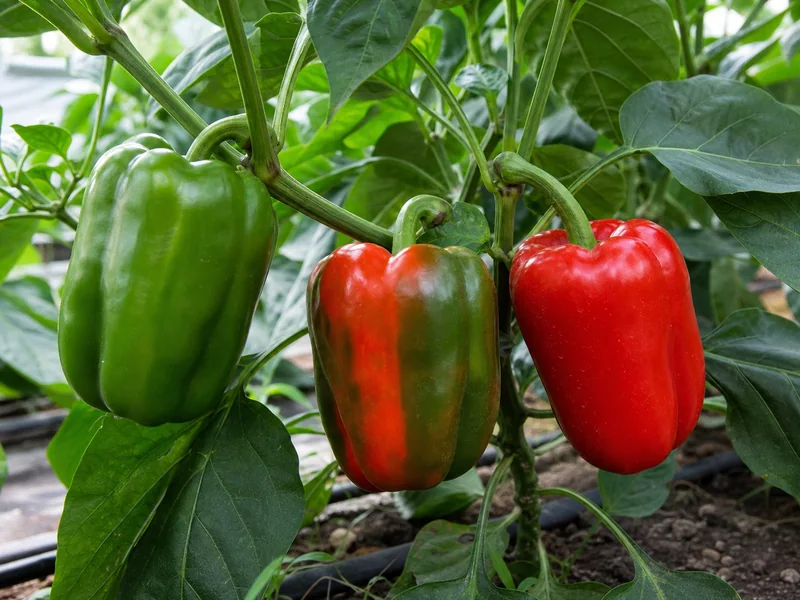 Green, partially red, and ripe red bell peppers on the same plant