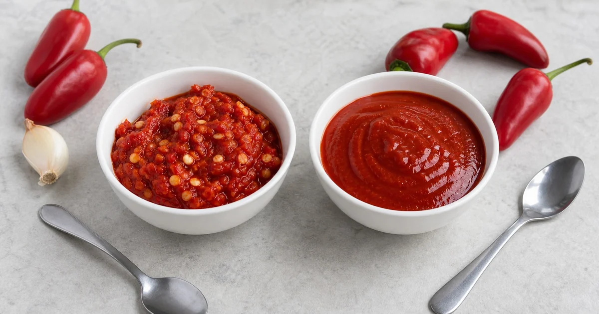 Coarse sambal oelek and smooth sriracha in matching white bowls