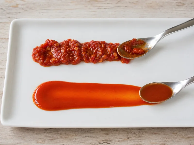 Coarse sambal oelek and smooth sriracha spread in parallel tasting strokes