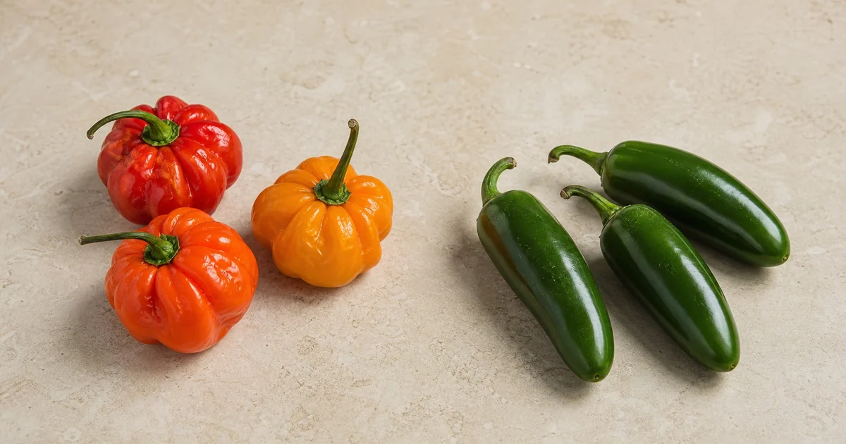 Ripe Scotch Bonnet peppers beside smooth green jalapeños
