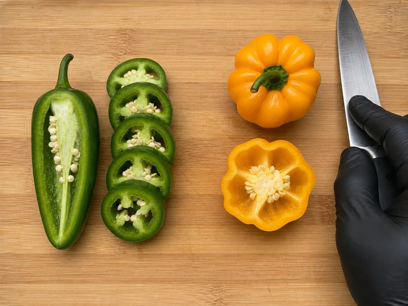 Cut jalapeño rings and a halved Scotch Bonnet show different fruit structures