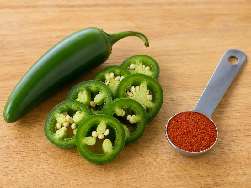 Sliced fresh jalapeño beside a measured spoon of cayenne powder