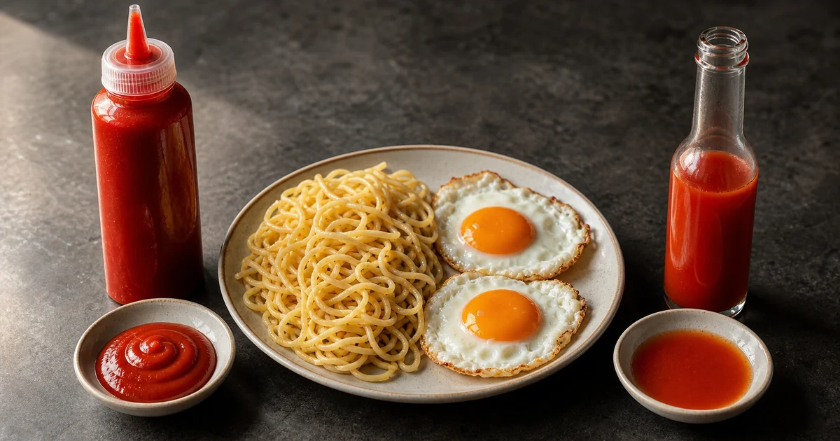 Sriracha squeeze bottle and thin pepper sauce bottle beside noodles and eggs