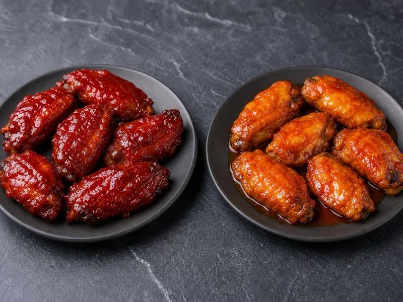 Thick sriracha glaze and thin pepper-butter sauce on separate plates of wings