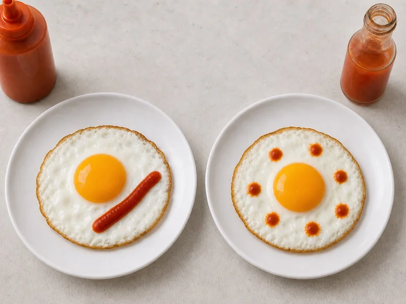 Sriracha ribbon and six drops of thin pepper sauce on matching fried eggs