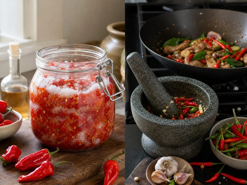 Tabasco peppers prepared as salted mash beside Thai chilies pounded for a fresh stir-fry