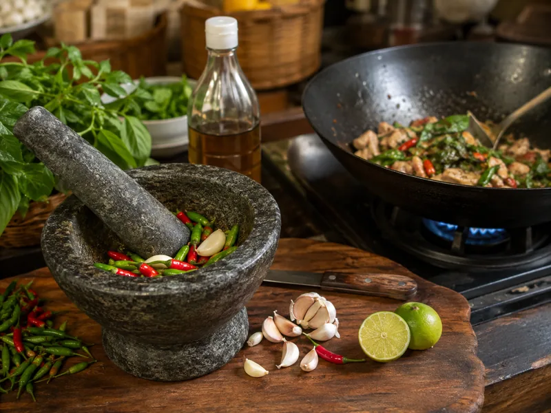Small red and green Thai chilies in a granite mortar beside a basil stir-fry in a wok
