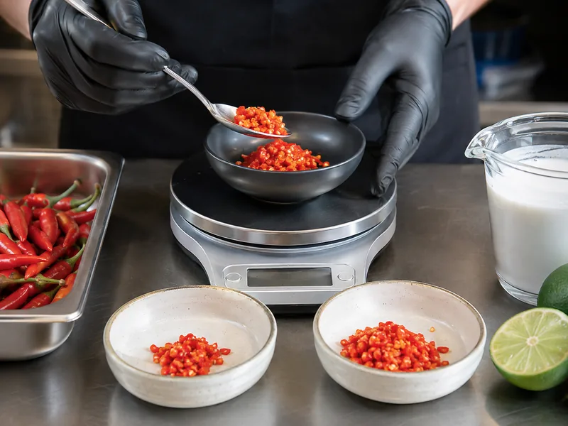 Gloved cook weighs minced red chilies into separate measured portions