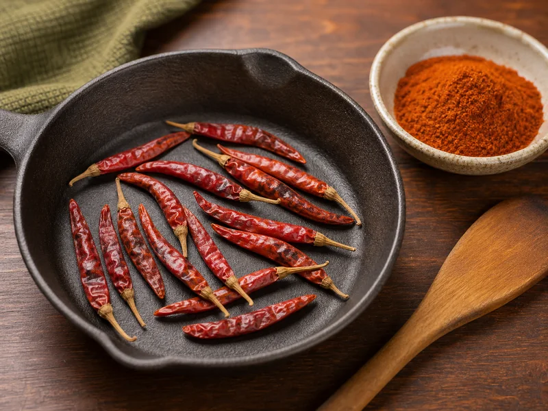 Toasted chile de árbol pods beside a small bowl of cayenne powder