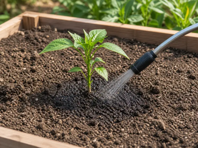 Watering wand moistening the root zone around a newly transplanted pepper seedling
