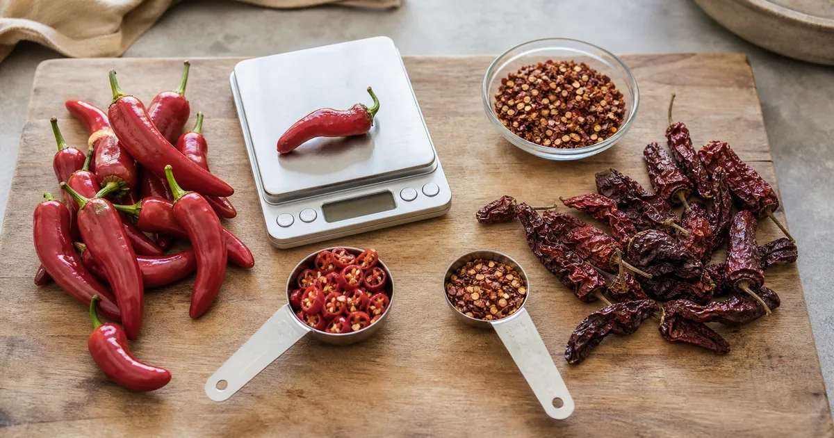 Fresh and dried peppers with measuring spoons and a kitchen scale