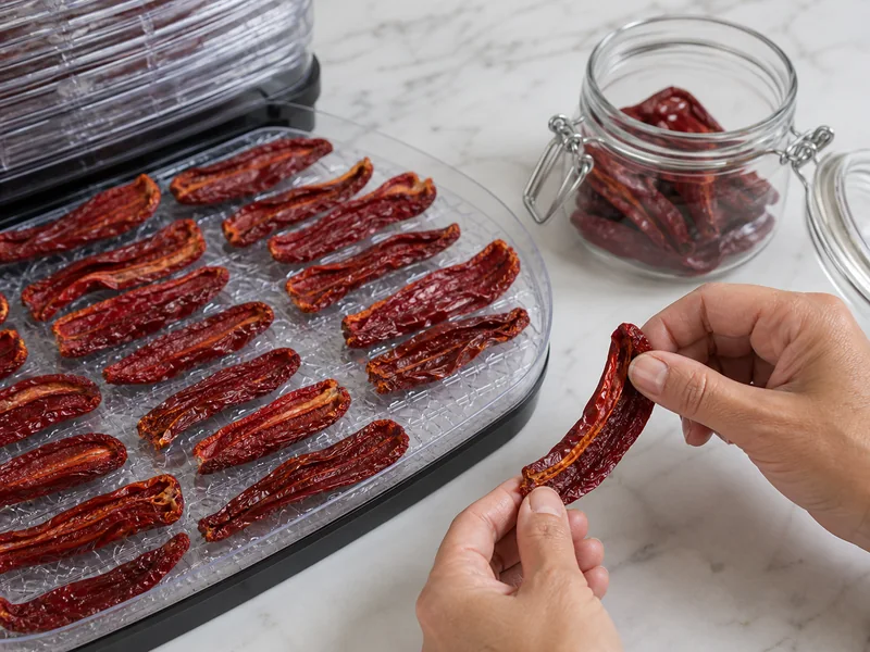 Hands checking a dried red chile beside a dehydrator tray and an airtight glass jar