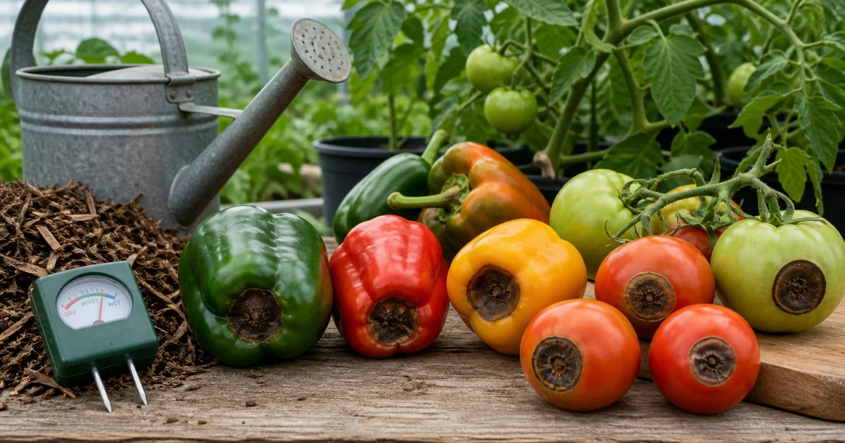 Peppers and tomatoes with dark sunken blossom-end rot spots beside mulch and a soil moisture meter
