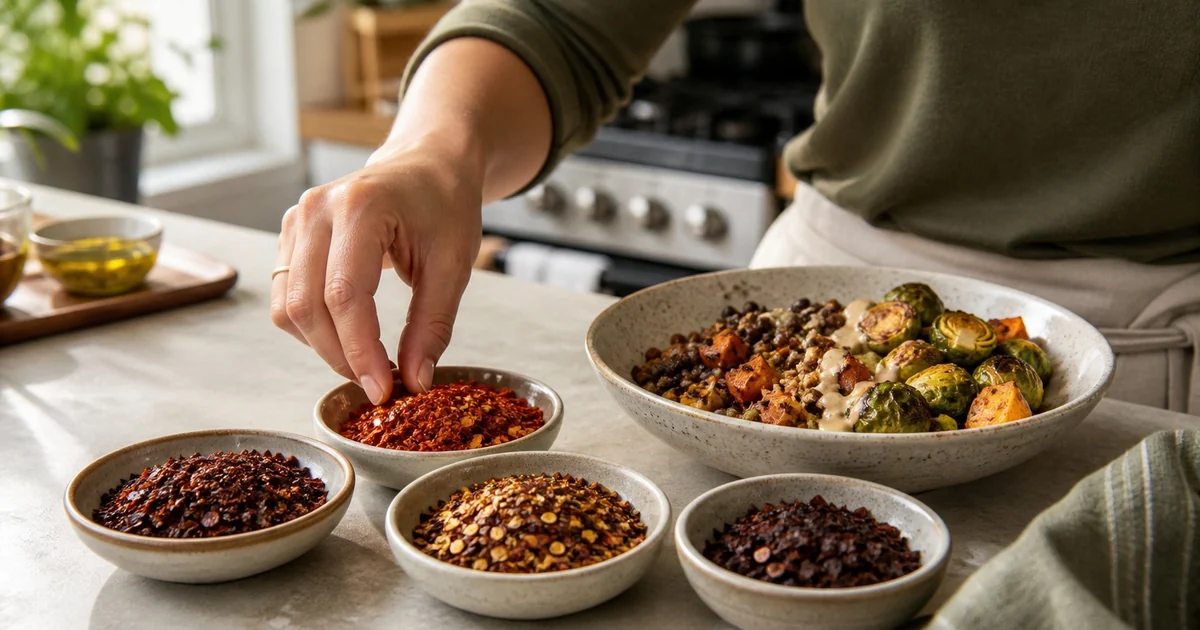 Cook choosing among four chile flake styles beside a roasted vegetable bowl