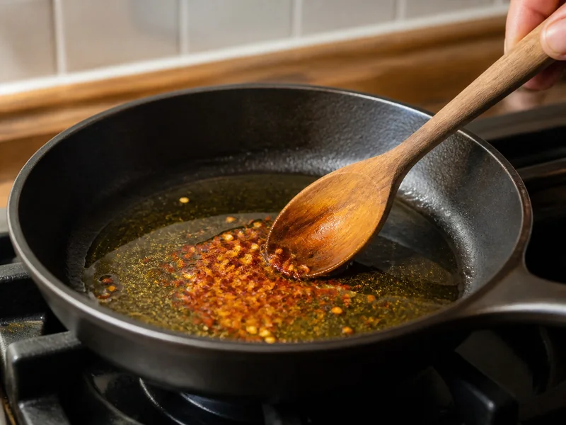 Red chile flakes gently blooming in warm oil as a wooden spoon moves them