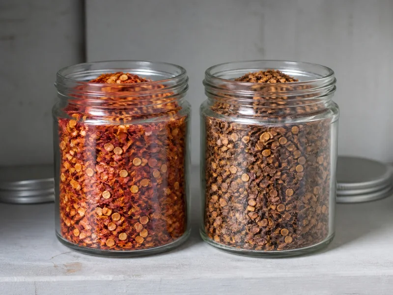 Fresh vivid chile flakes beside faded brown flakes in two open pantry jars