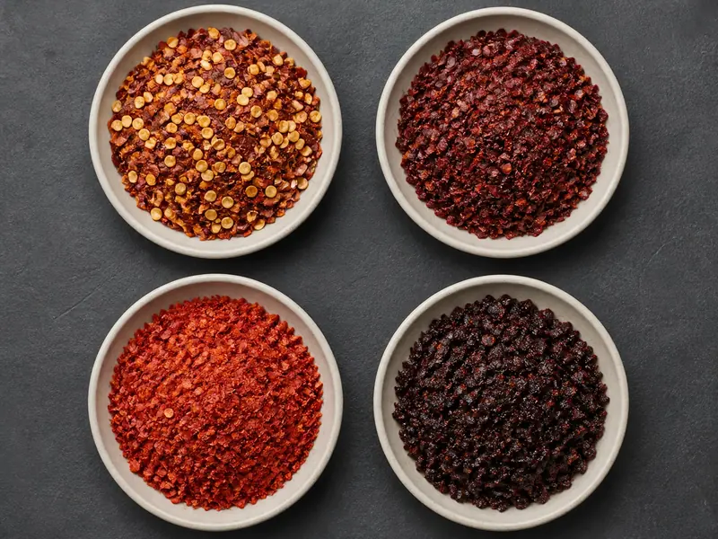 Four bowls compare seed-rich, burgundy, bright red, and dark chile flakes