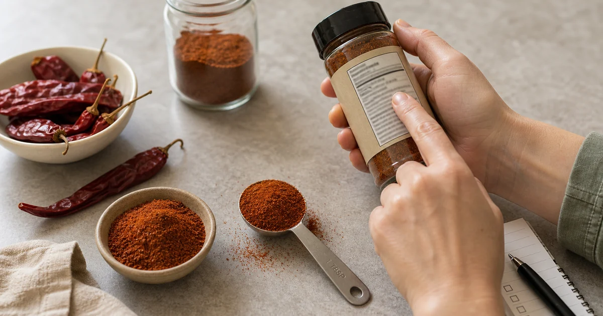 Gluten-free label check with chili powder, dried chiles, and measuring spoons on a kitchen counter