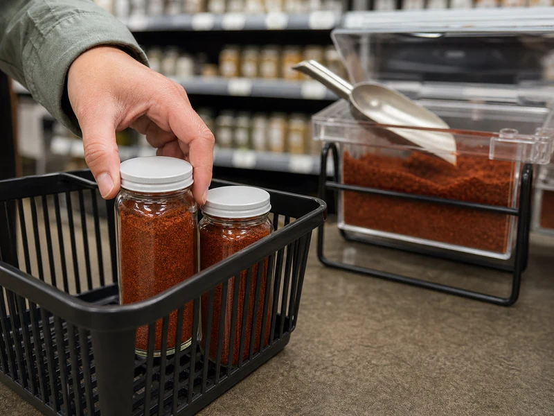 Sealed jars of chile powder in a shopping basket beside an open bulk spice bin with a shared scoop