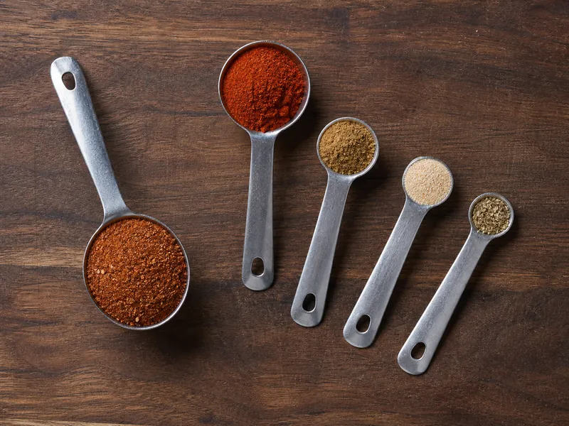 One tablespoon of chili seasoning beside measured paprika, cumin, garlic powder, and oregano