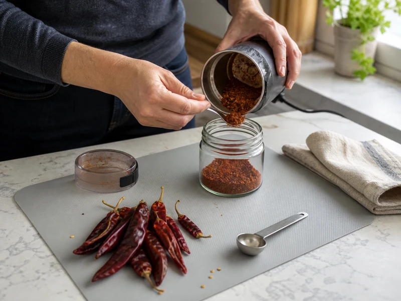 Hands transferring ground dried chile from a spice grinder into a clean glass jar with dedicated tools