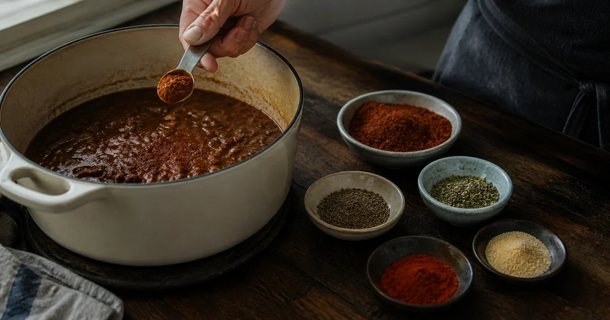 Measuring chili powder into a pot beside red chile, cumin, oregano, garlic, paprika, and salt