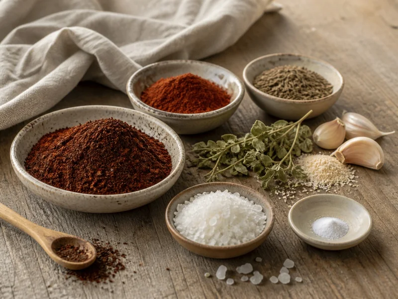 Red chile, paprika, cumin, oregano, garlic, salt, and anti-caking powder on a wooden bench