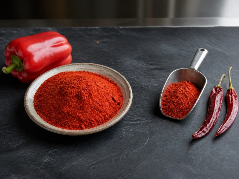 Sweet paprika and cayenne powders with equally red color but different source peppers