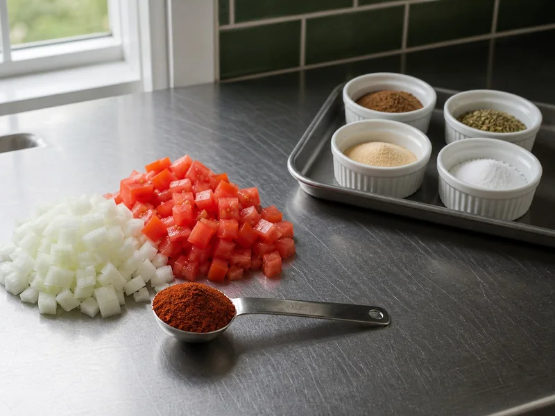 Measured chili powder beside recipe ingredients, with cumin, oregano, garlic, and salt held apart
