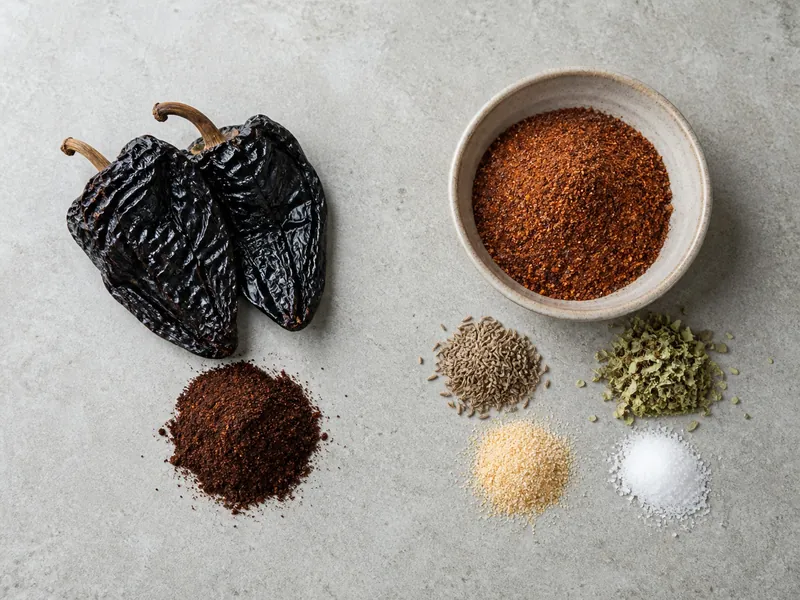 Pure ancho powder and dried anchos beside a chili powder blend with cumin, oregano, garlic, and salt