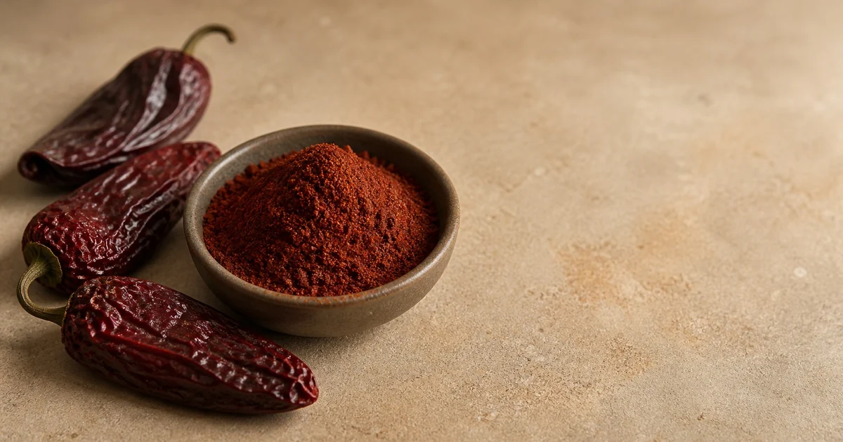 Chipotle powder beside whole smoke-dried red jalapenos