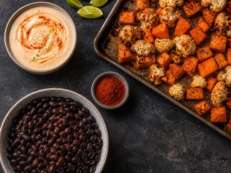 Chipotle powder used in crema, roasted vegetables, and black beans