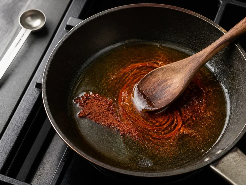 Chipotle powder blooming in warm oil in a skillet