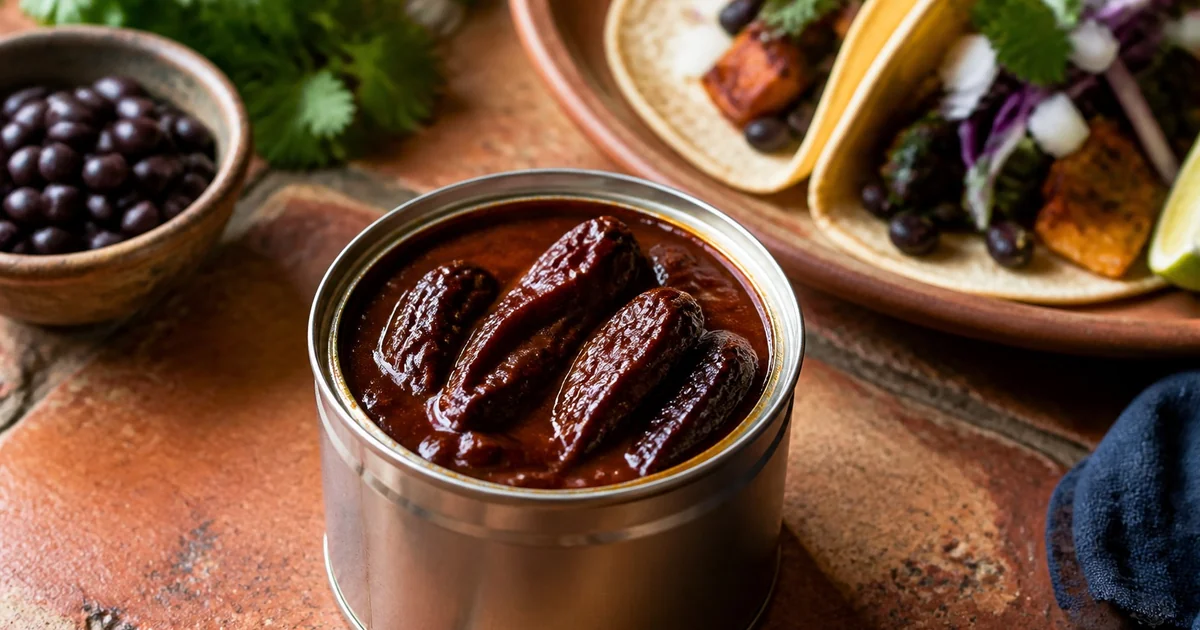 Opened can of whole chipotle peppers in red-brown adobo sauce