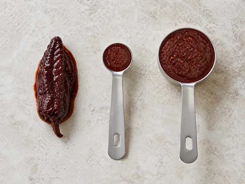One whole chipotle beside teaspoon and tablespoon puree measures