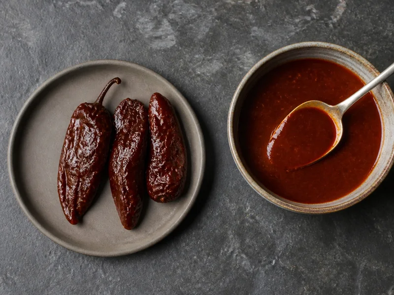 Whole chipotle peppers separated from smooth adobo sauce