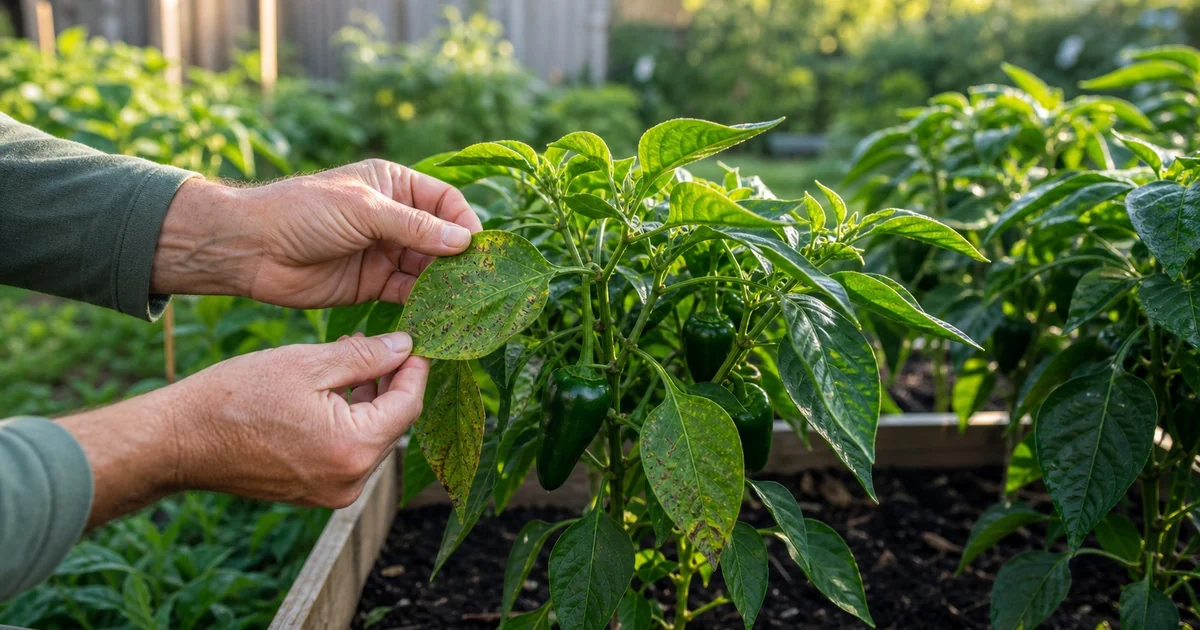 Gardener inspecting spotted leaves on a pepper plant in a raised bed