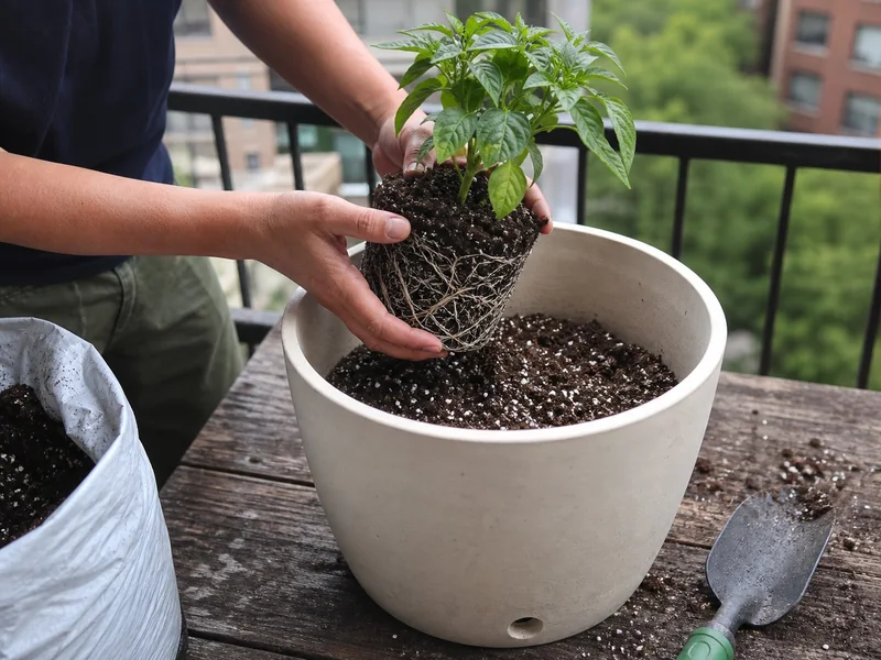 Pepper transplant above a deep container filled with airy soilless mix