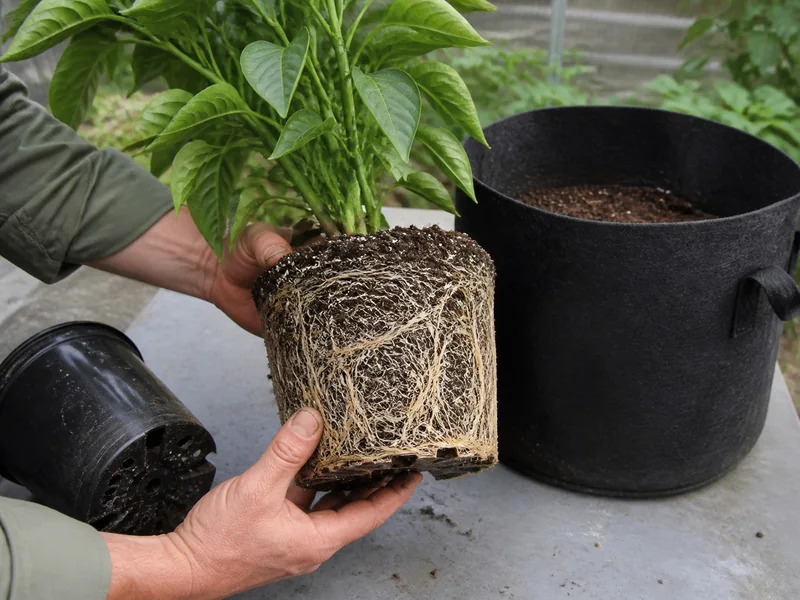 Circling pepper roots beside the small nursery pot and a larger grow bag