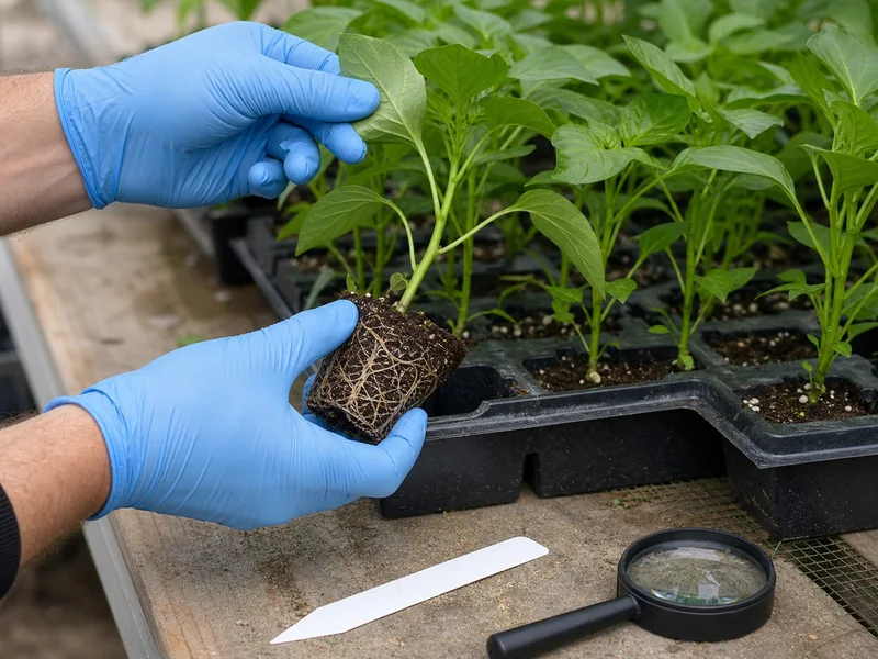 Gloved hands checking a pepper transplant leaf and root ball