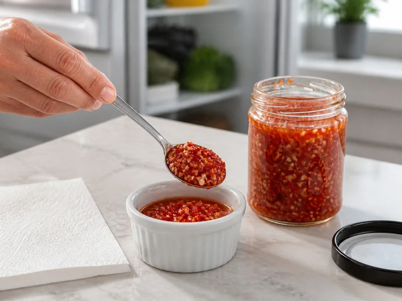 Clean spoon transferring chili garlic sauce into a separate ramekin