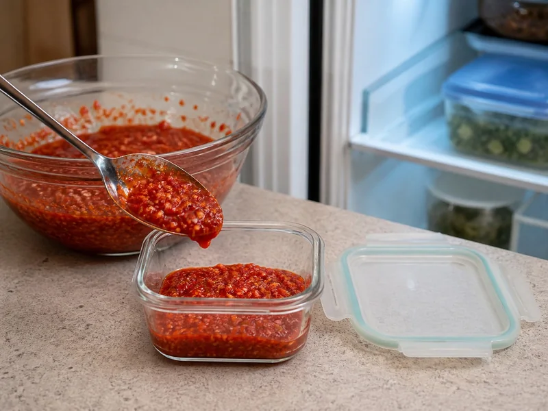 Fresh homemade chili garlic sauce portioned into a clean lidded container beside a refrigerator