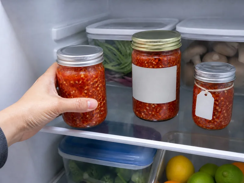 Closed jars of chili garlic sauce stored on a refrigerator shelf