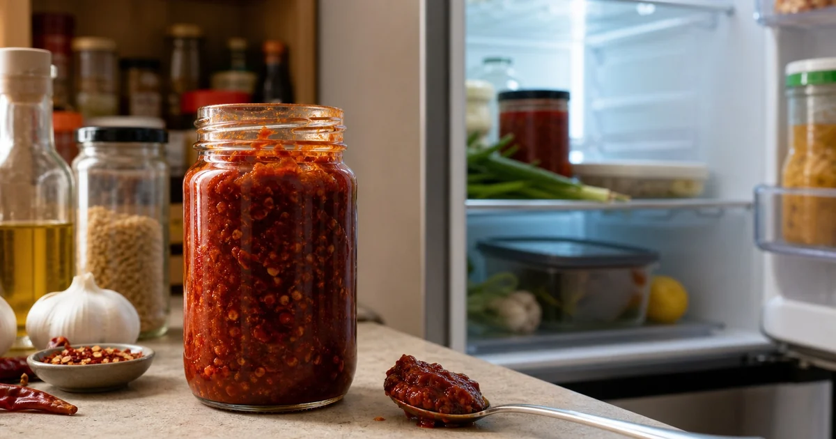 Dense chili paste jar shown between pantry and refrigerator storage
